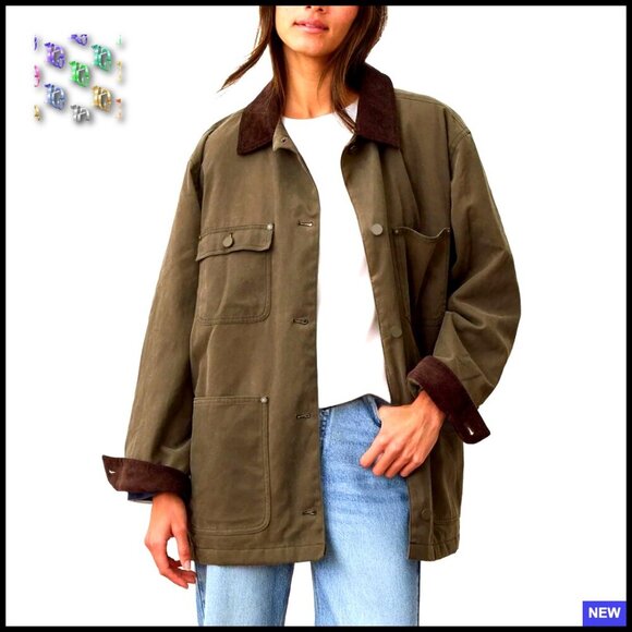 Jackets & Blazers - Oversized Corduroy Collar Barn Jacket Vintage Workwear Utility Coat with Pockets